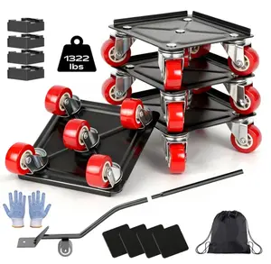 1322 lbs Heavy Duty Furniture Dolly Movers Set, 5-Wheel Carbon Steel Rollers with Lifter & Locking Casters for Washer, Fridge & Sofa (Red)