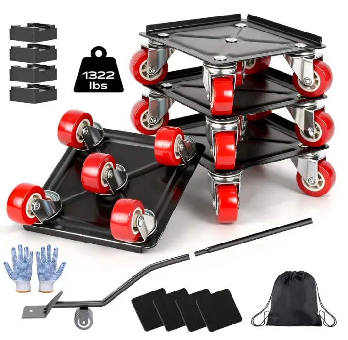 1322 lbs Heavy Duty Furniture Dolly Movers Set, 5-Wheel Carbon Steel Rollers with Lifter & Locking Casters for Washer, Fridge & Sofa (Red)