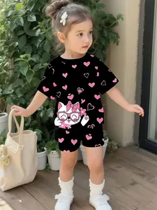 Cute Cat Heart Cool Play Style Baby Girl's Set Digital Printing 100% Polyester Baby Short-sleeve Set, lovely baby girl's casual clothing, suitable for daily and outdoor sports T-shirts, a perfect gift for babies and toddlers