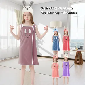 2pc Bunny Ears Rabbit Embroidery Design Set, Bathrobe & Towel, Bathing, Soft Coral Fleece, Summer Wedding Gift for Girls, Home Bathroom Accessories