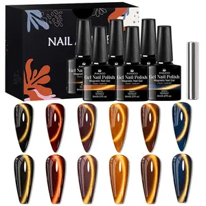 MSRUIOO 7pcs Golden Magnetic Gel Nail Polish Set,  Reflective Cat Eye Nail Art Polish, Soak Off UV LED Varnish for Stunning Manicures, Lead-Free & Scent-Free
