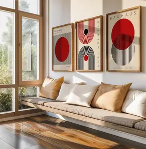 Red Geometric Bauhaus Art Print Set: Mid-Century Modern Décor