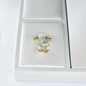 Celestial Moon & Star Dangle Charm Ring, Sparkle Moon Element Costume Jewelry Charm Ring for Women, Charm Rings, Celestial Moon And Stars Rings