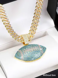 Exquisite Light Blue Rugby Shaped Pendant Necklace, Cuban Link Chain, Punk Style Jewelry for Men Women, Perfect for Party Festival Daily Wear