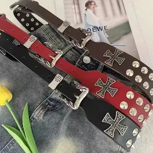 Y2K Alt Rivet Cross Embossed Leather Belt, 3 Colors Streetwear Adjustable Waist Strap
