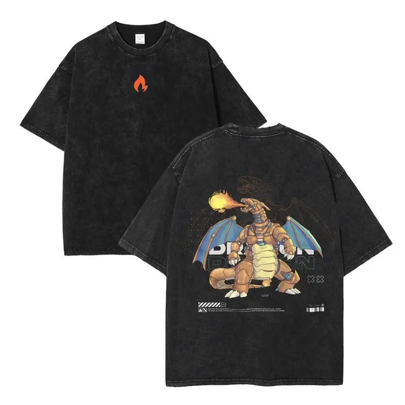 Mecha charizard Pokemon Vintage Oversized Double Printed Washed Tee | Unisex Heavyweight Cotton Anime TShirt Menswear Top Fabric