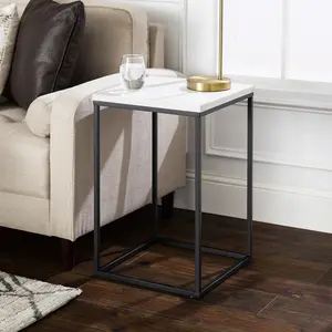 Urban Industrial Wood and Metal End Table, White Faux Marble