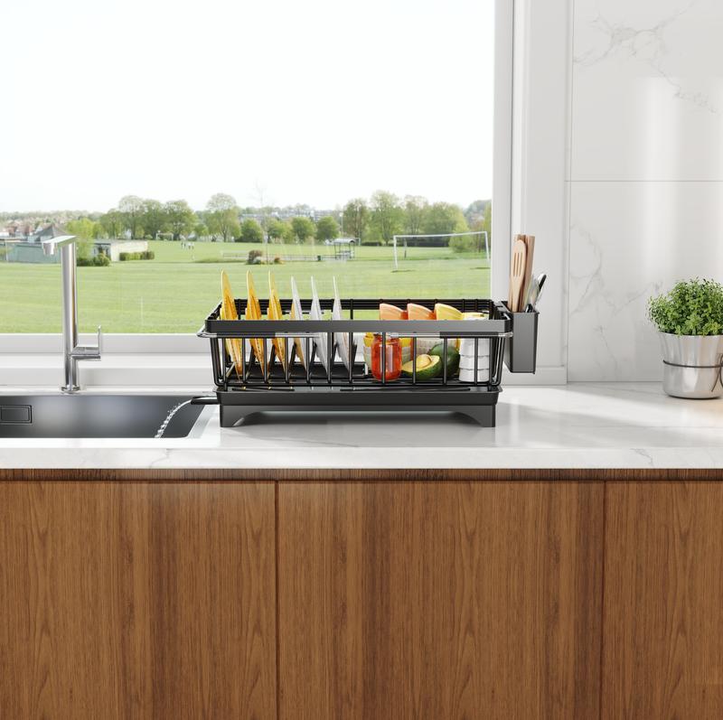 MiAoLi Over the Sink Expandable Dish Drainer Drying Rack In Stainless Steel for Small Kitchen, Counter Space Saving Modern Compact Metal Above Plate Dryer Strainer, Adjustable Hanging Inside Drain Holder