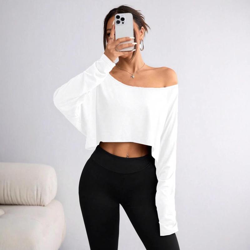 Loose Off The Shoulder Crop Tops for Women Long Sleeve Oversized Crop Tops Workout Spring Summer Casual T Shirt