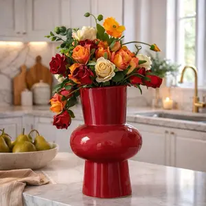 Cherry Red Ceramic Vase - 9.8 x 5.5 x 5.5 in, High-Quality Glossy Finish, Contemporary Design, Ideal for Living Room, Dining Table, Office, Perfect Gift