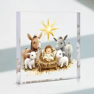 2D Flat, 1pc Nativity Scene Acrylic Ornament with Square Design - Transparent Desktop Decor, Ideal Christmas Gifts, Religious Keepsake,  Baptismal Gift - No Electricity Needed