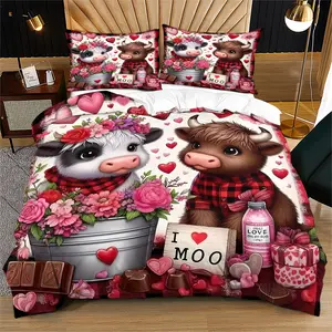 2/3 Piece Romantic Valentine'S Day Themed Bedding Set, Decorative Bedding Set, Valentine'S Day Gift, Highland Cow Duvet Cover Set, Flower Heart-Shaped Pattern Comforter Cover, Married Couple' Bedroom Decoration Set, 1 Quilt Cover and 1/2 Pillowcase