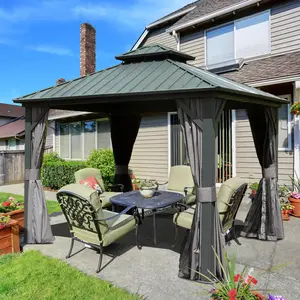 Domi 10'x10' Hardtop Gazebo Canopy Metal,Outdoor Aluminum Gazebo with Galvanized Steel Double Roof,Curtain and Netting,Permanent Gazebo Pavilion for Patio Deck,Backyard