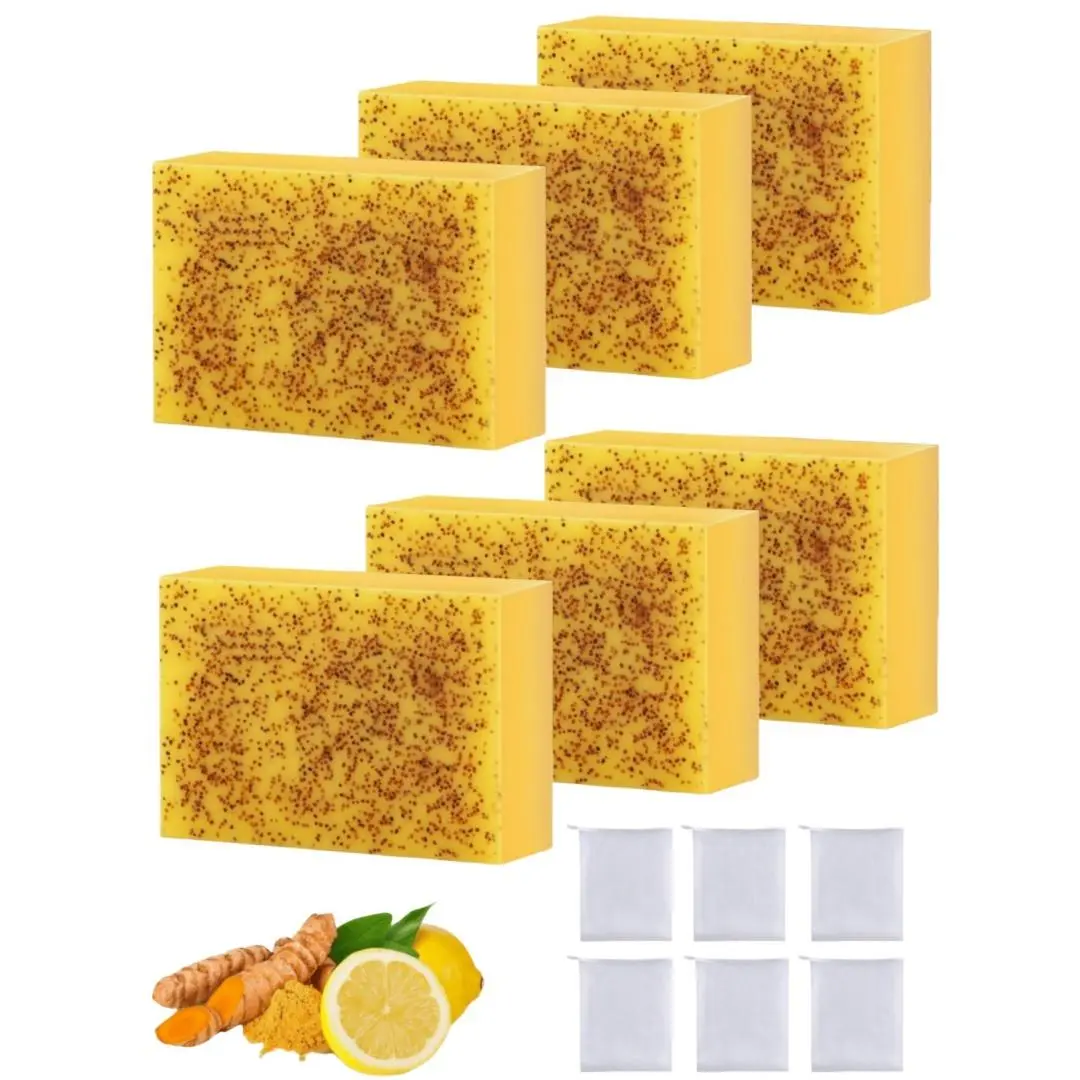 LMMAKE 6PCS Lemon Turmeric Kojic Acid Soap, Artisanal Handmade Body & Face Bar for Smoother Skin, Foaming Deep Cleanser & Nourishing Formula for All Skin Types, Body Care, Handmade Soap, Scented, Fresh And Clean, All Natural Ingredients