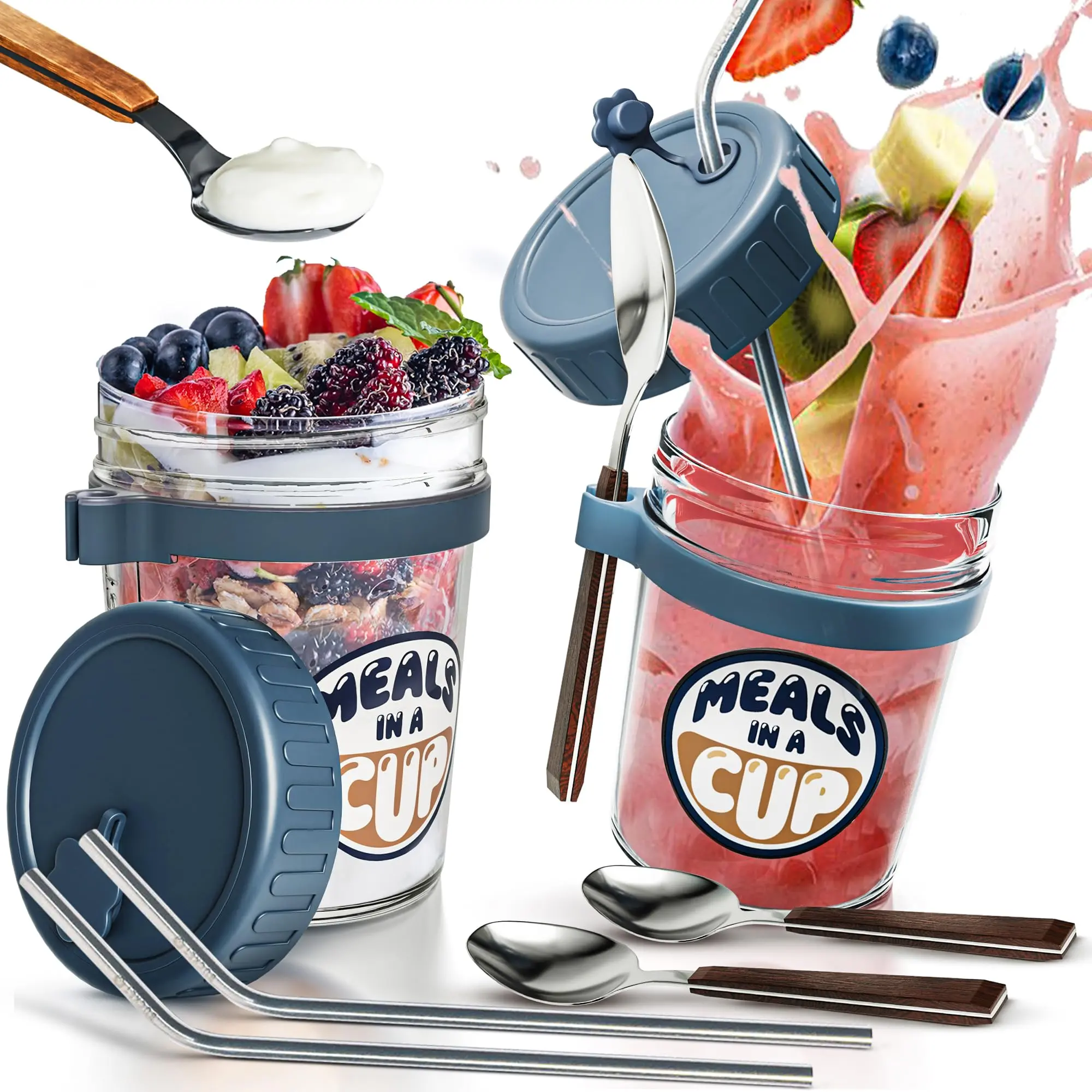 Meals In A Cup 2 Pack Overnight Oats Containers with Lids and Spoons - 16 Oz Glass Mason Jars for Overnight Oats, Leak Proof Oatmeal Container, Meal Prep Jars for Milk, Cereal, Yogurt, Fruit (Grey)