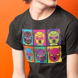 The Pup Play Grid Shirt Men's Black Crewneck Tshirt with Rainbow Pup Hood Print Fitted Short Sleeve Top for Night Out