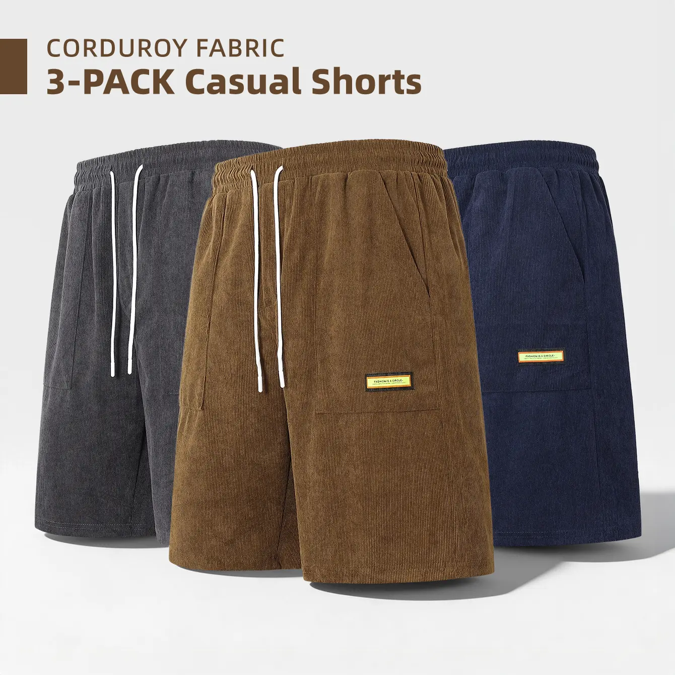 Men's 3-pack corduroy casual shorts, loose straight fit, drawstring elastic waist, American retro summer daily wear, casual and versatile street style .tiktokshopspringglowup Menswear essential shorts