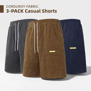 Men's 3-pack corduroy casual shorts, loose straight fit, drawstring elastic waist, American retro daily wear, casual and versatile street style