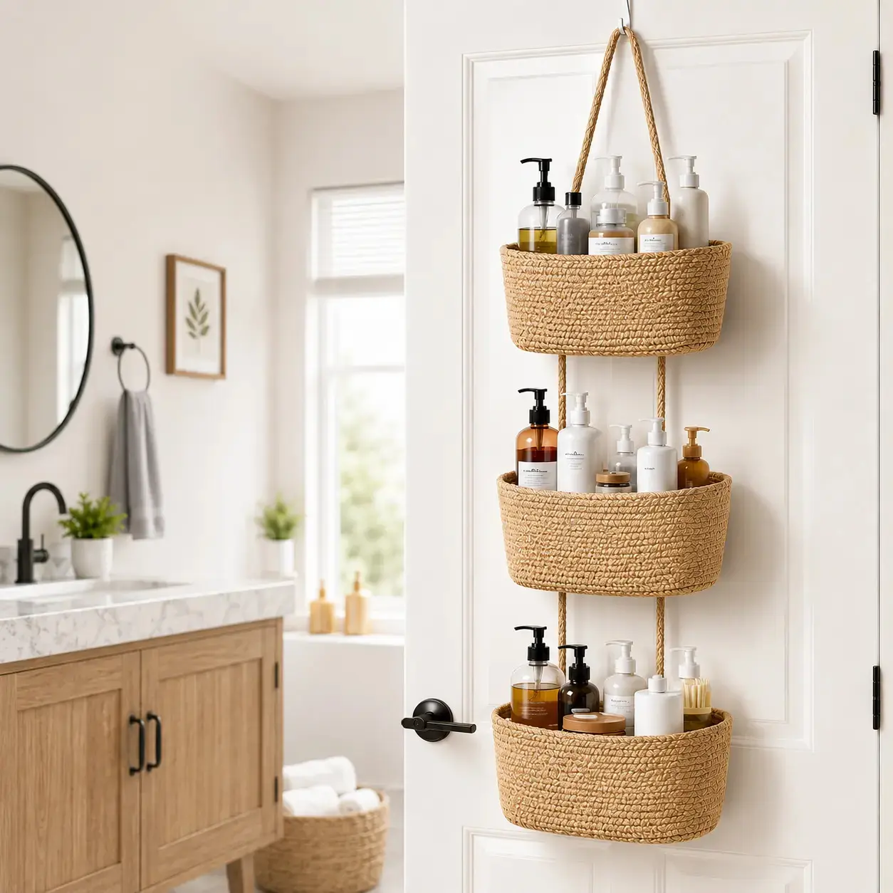【Free Ship】3-Tier Woven Cotton & Jute Hangable Over-the-Door/Wall-Mounted Storage Organizer, Decorative Basket for Bathroom/Nursery, Ideal for Busy Parents to Store Diapers, Toys & Laundry (With Gift Hook)