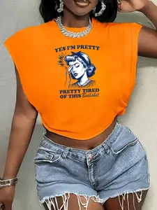 Women's "I'm Pretty Tired Of This" Print Round Neck Crop Tee, Casual Cute Sleeveless Cropped T-shirt for Daily Wear, Ladies Clothes for Spring & Summer, Top