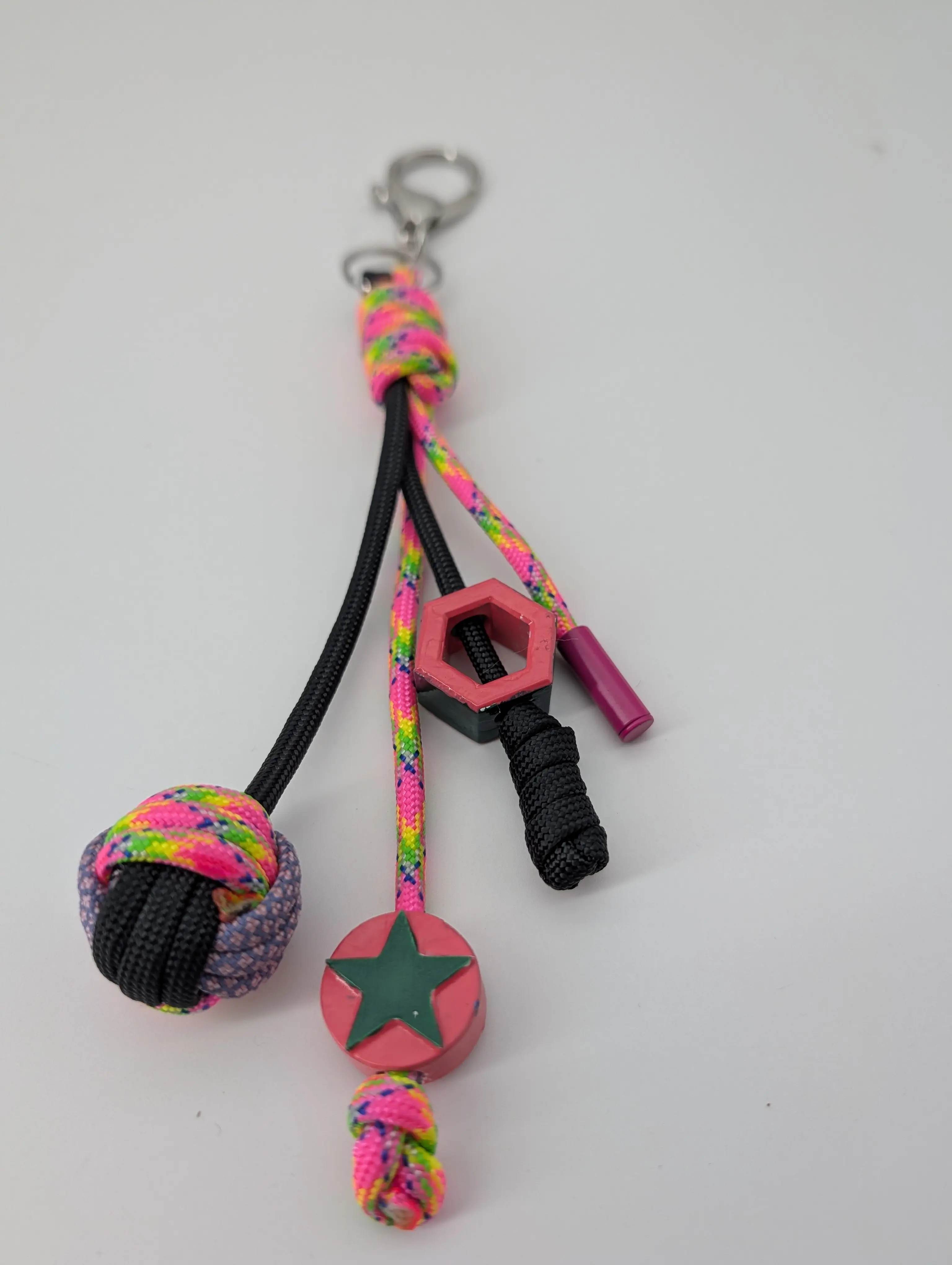 Neon Pink Monkey Fist Bag Charm | Y2K Rave Paracord Keychain with Star & Hex Charm | Colorful Purse Accessory trendy And stylish playful, Colorful Beads, Nylon