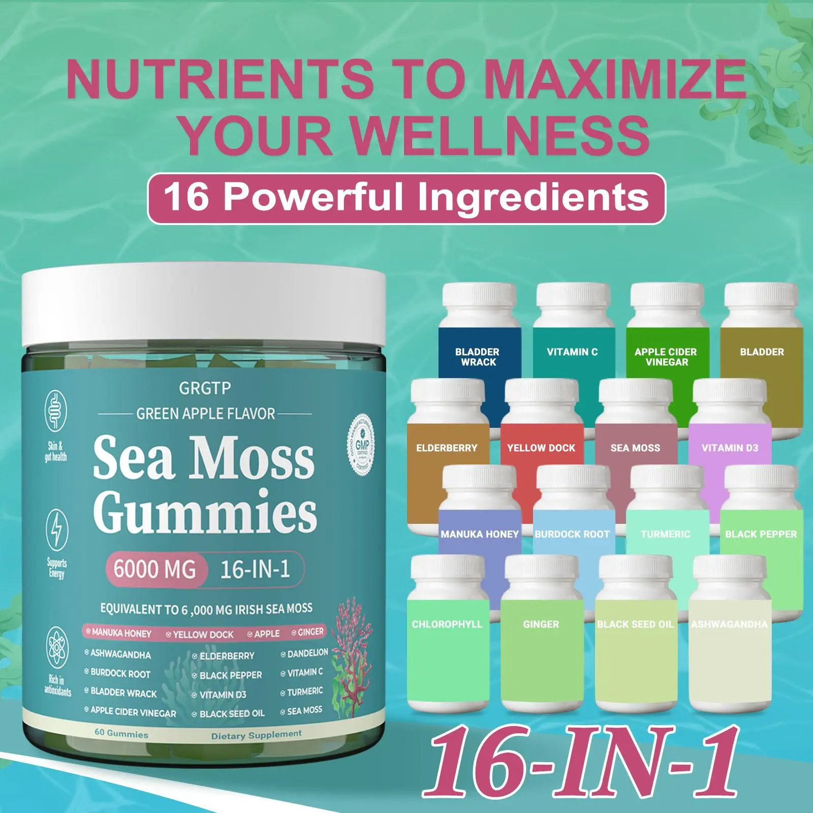 GRGTP Edible 16-in-1 Chewable Sea Moss Gummies Dietary Supplement - Natural Ingredients Healthcare Support with Ashwagandha, Black Seed Oil, Bladder Wrack, Turmeric, Vitamin C, D3, Manuka, Burdock Root, Dandelion, Yellow Dock & Antioxidants for Gut Health