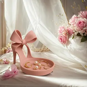 3D Printed High Heel Jewelry Stand, Elegant Shoe-Shaped Jewelry Tray with Bow Decoration, Ring Holder and Storage for Vanity and Desk, Home Jewelry Organizer, Durable Plastic Gift for Women