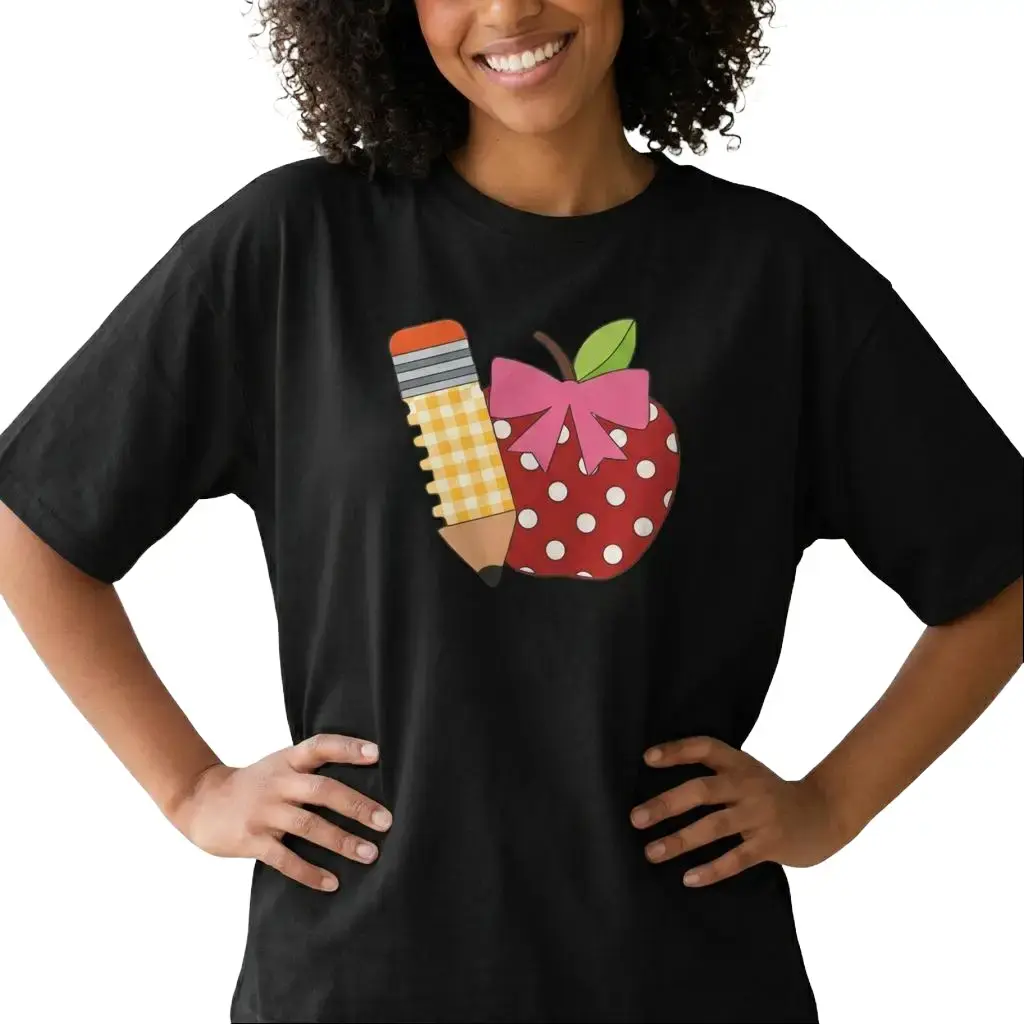 Preppy Teacher Shirt Women Apple Pencil Graphic Tee Pink Bow Top