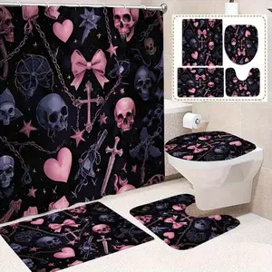 1/ 4pcs Gothic-style Bow and Skull Print Bath Curtain Set, Non-slip Bathroom Mat, U-shaped Carpet, Toilet Seat Cover, Machine-washable Nylon Bath Curtain Cord, 12 Durable Hooks (70.8x70.8 Inches), Bathroom Decorations and Accessories, Suitable for
