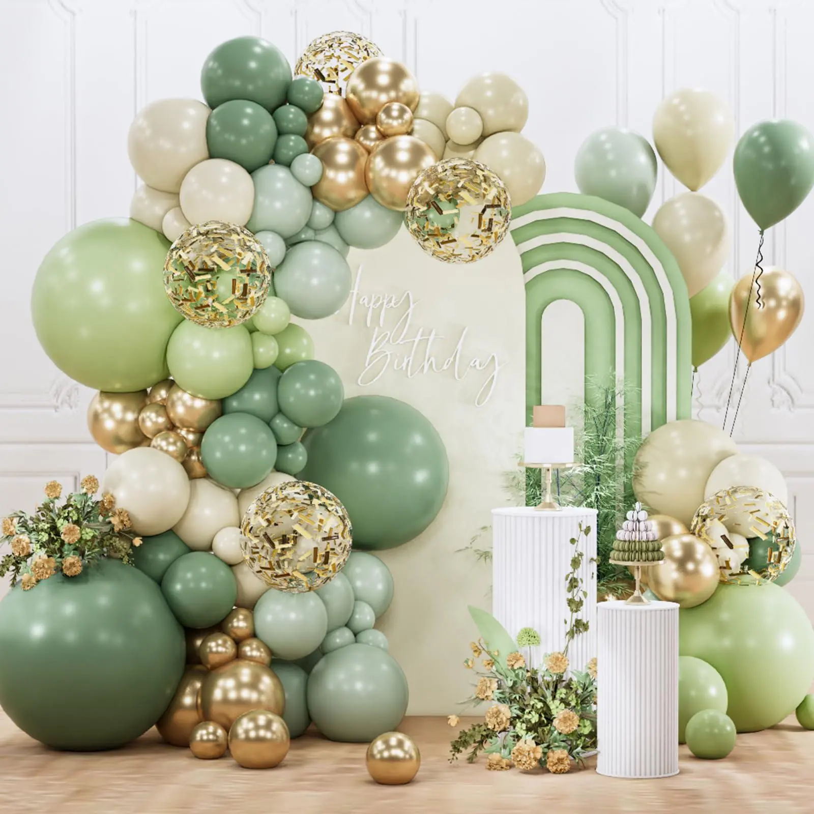 PartyWoo Multi-Size Sage Green Balloon Arch Kit (142pcs, 18/12/10/5in) - Olive Clusters for Happy Birthday, Gender Reveal, Birthday Ideas Supply