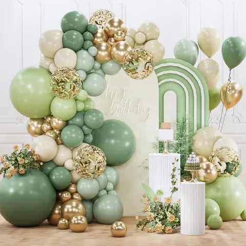 PartyWoo Multi-Size Sage Green Round Metallic Balloon Arch Kit (142pcs, 18/12/10/5in) - Olive Clusters Balloon Set for Happy Birthday, Gender Reveal Party Supplies