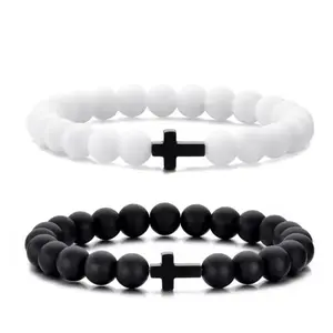 8mm White & Black Beads Matte Black Cross Pendant - Beaded Cross Bracelet for Men & Women, Minimalist Unisex Jewelry for Casual & Formal Wear
