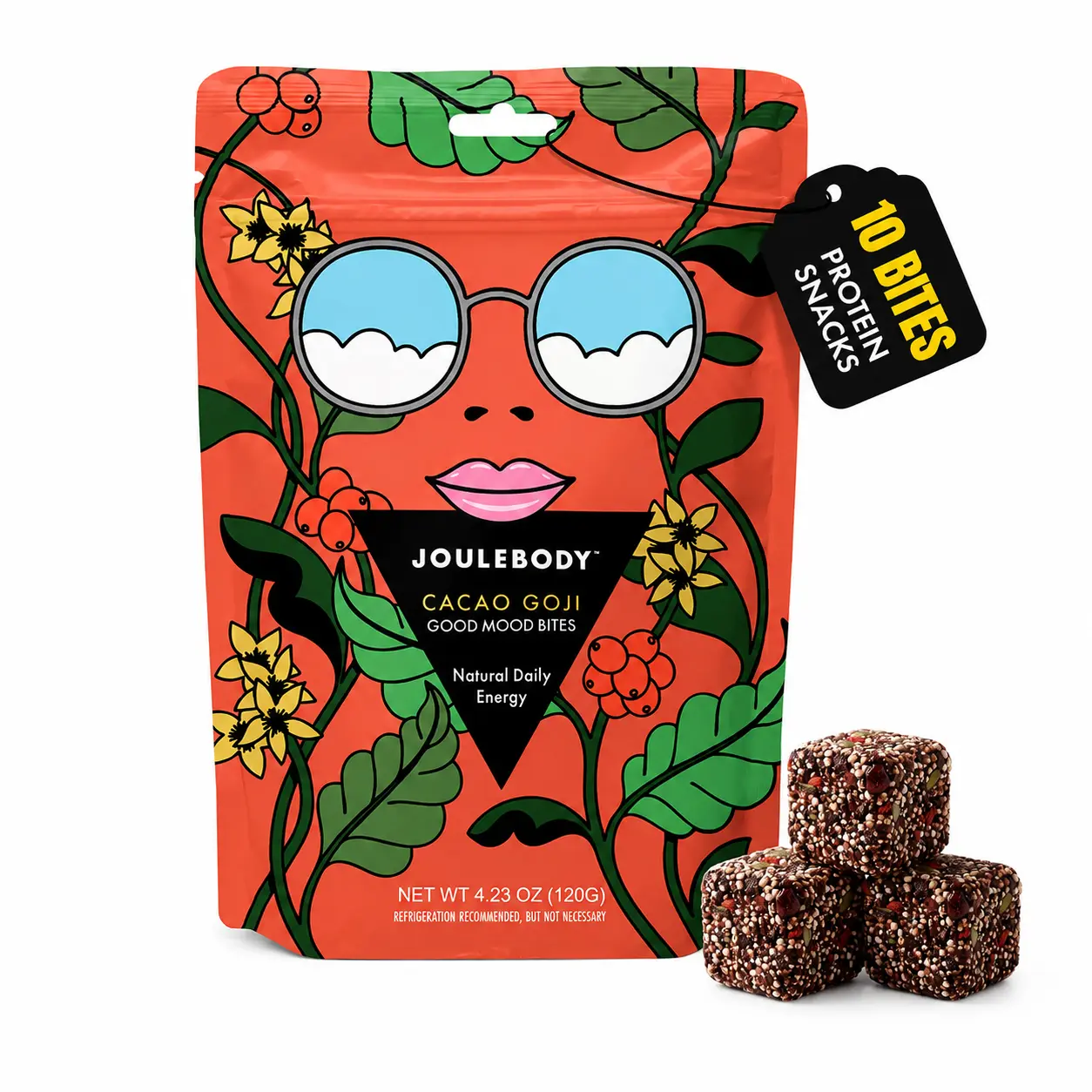 JOULEBODY Cacao Goji Superfood Bites, 10 Count | 4g Protein & 5g Fiber, Gluten-Free Protein Energy Bites , Organic Nutrition Bites, Crunchy & Chewy Plant-Based Snacks, Gut & Hormone Support