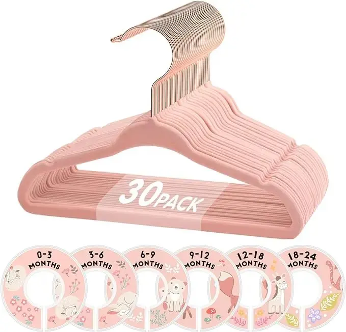 30 11-Inch Baby Hangers -- Soft Non-Slip, Super Space-Saving Baby Room Wardrobe Organizer with 6 Adjustable Size Partition Plate, Perfect for Toddler Clothes, Travel, Baby Shower Hook Metal Plastic Hanging