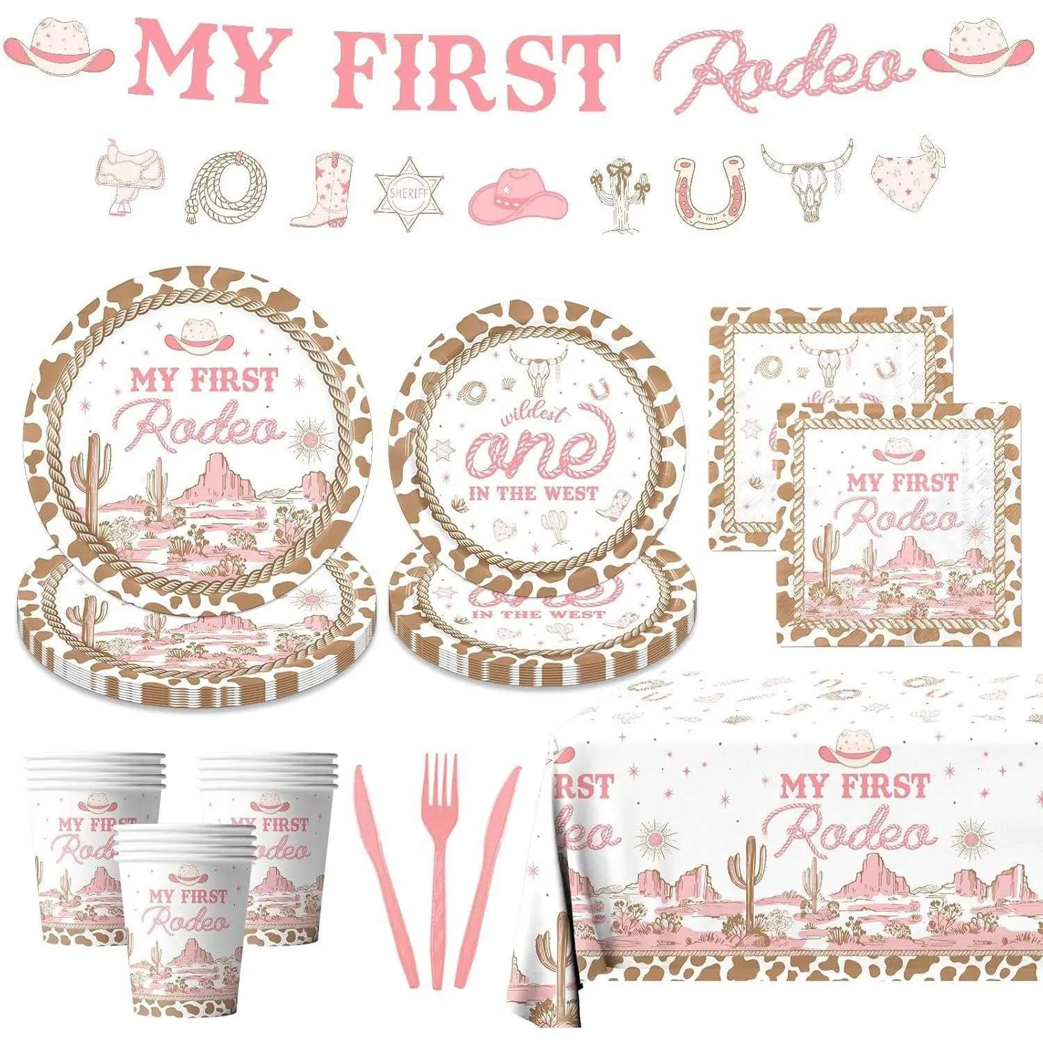 Western Cowgirl Birthday Party Decorations,142pcs My First Rodeo Theme Tableware Including Plate,Napkin, Tablecloth,Cutlery,Cup,and  Shower Decor for  West Cowgirl Celebrations