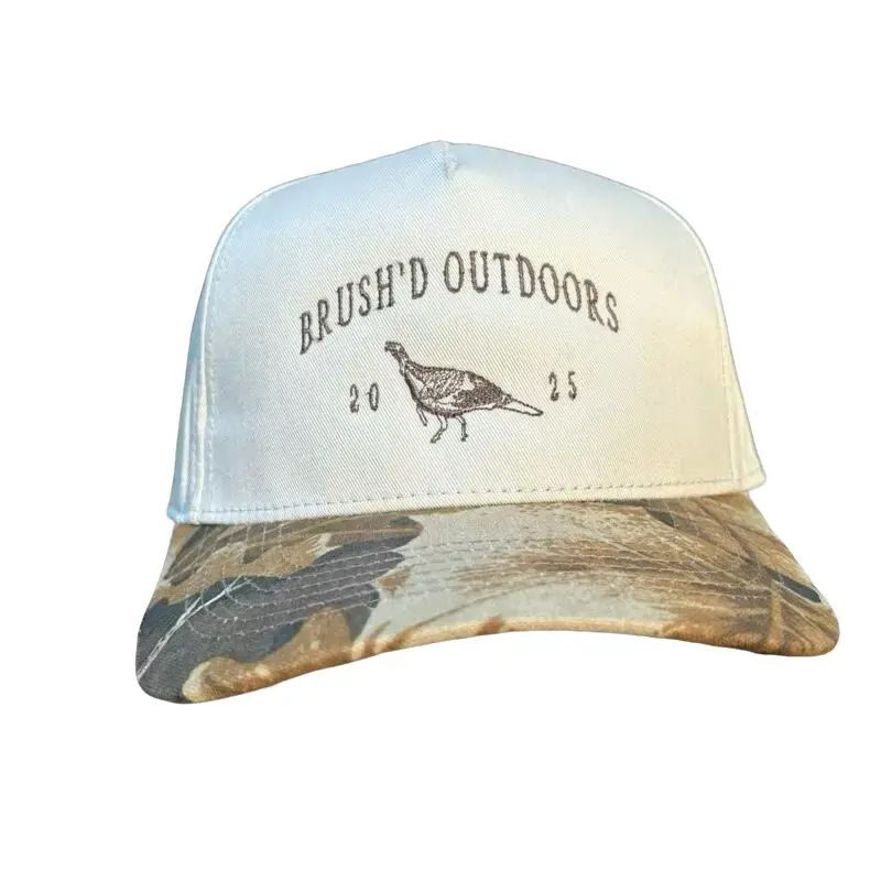 Realtree White Brush'd Outdoors Hat with Camo Brim and 'Brush'd Outdoors 2025' Design