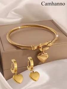 2-piece elegant gold 304 stainless steel bracelet and earring Fashionable Jewelry Set - floral pattern, hollow design, suitable for casual wear and special occasions, casual accessories | floral bracelet | exquisite craftsmanship