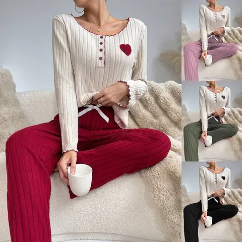 FEITAI Women's 2-Piece Ribbed Winter Warm Pajama Set for Lady - Longsleeve Top with Loose Ruffle Cuffs, Full-Length Elastic Waist Pants, Heart-Design Nightwear, Comfortable Pyjamas, Ideal Gift