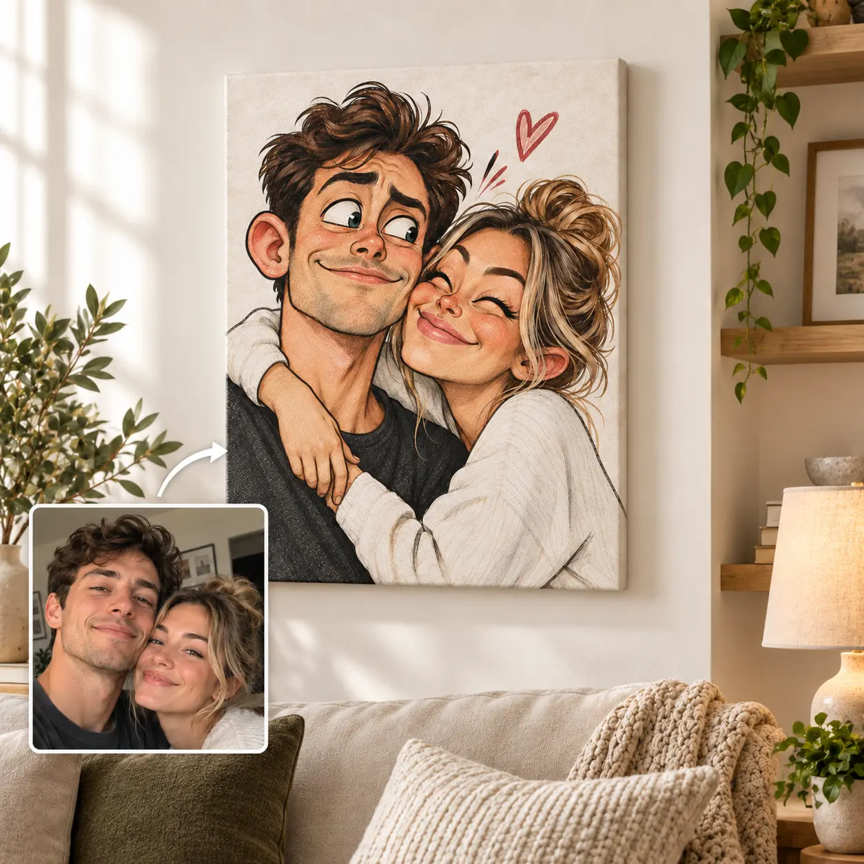 Custom Couple Portrait from Photo, Personalized Cartoon Canvas Wall Art, Anniversary, Wedding and Valentine’s Day Gift for Couples, Romantic Home Decor for Living Room and Bedroom