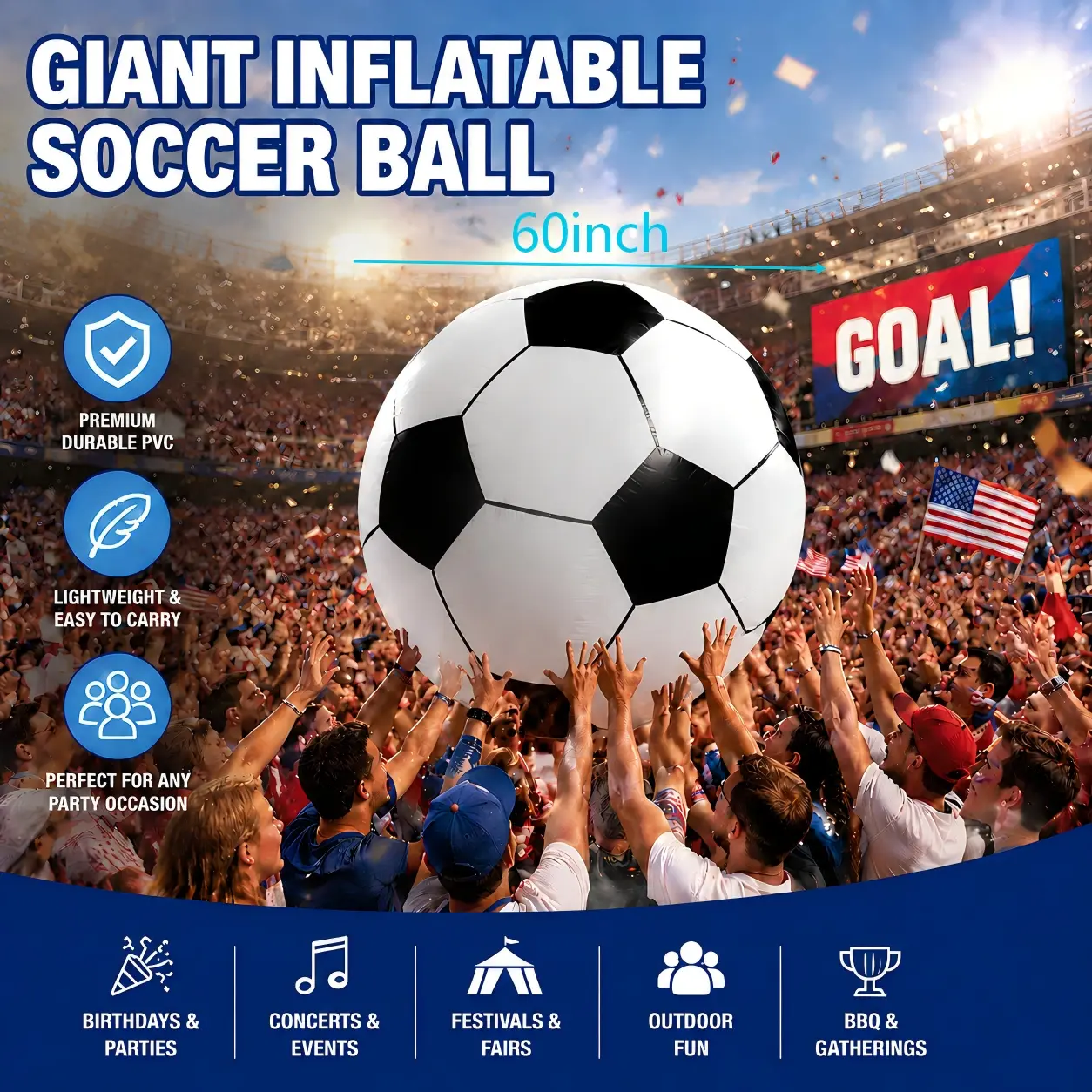 MIDOAIS 60-in Giant Durable PVC Inflatable Soccer Ball - Reusable Balloon Decor, Birthday Decor, Beach & Playground Accessory (Giant Football Balloons)