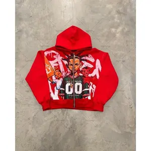 ColorfulAmericanOversizedPatternPrintedZipperHoodieMenCasualLooseRetroClothingWomenY2kHarajukuHoodieCouple