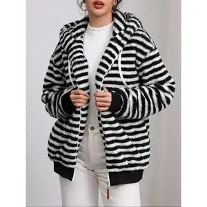 Striped Plush Hoodie Jacket, Casual Fleece Lined Coat with Drawstring, Long Sleeve Winter Outerwear for Women & Men