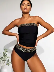 Black High Waisted Bikini Gold Woven Trim Bandeau Top Two Piece Swimsuit Elegant Beachwear Women Pool Party