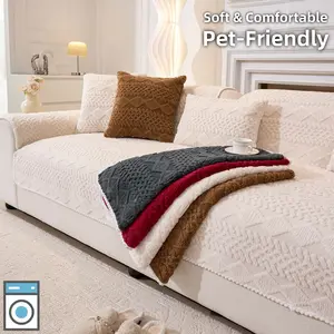 Soft Plush Sofa Cover, Pet-Friendly Textured Couch Cover for 1/2/3/4 Seater, Machine Washable Sofa Pad, Cozy Cream & Coffee Colors, Non-Slip Sofa Throw Blanket, Anti-Scratch Couch Mat for Living Room Home Decor, Sofa Couch Covers