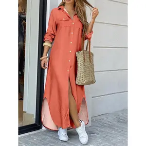 2025Women'sFashionSpringandSummerSexyPrintedShirtDressLongDressCasualWomenswearComfortBasicCollarCollaredPinkMinimalist
