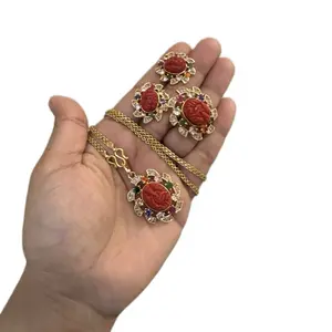 Women's Traditional Multicolor Stone Ganesh Folk Jewelry Set - 12in Shiny Pendant Chain, Adjustable Finger Ring, Earstuds for Everyday Wear, Folk Jewelry Sets