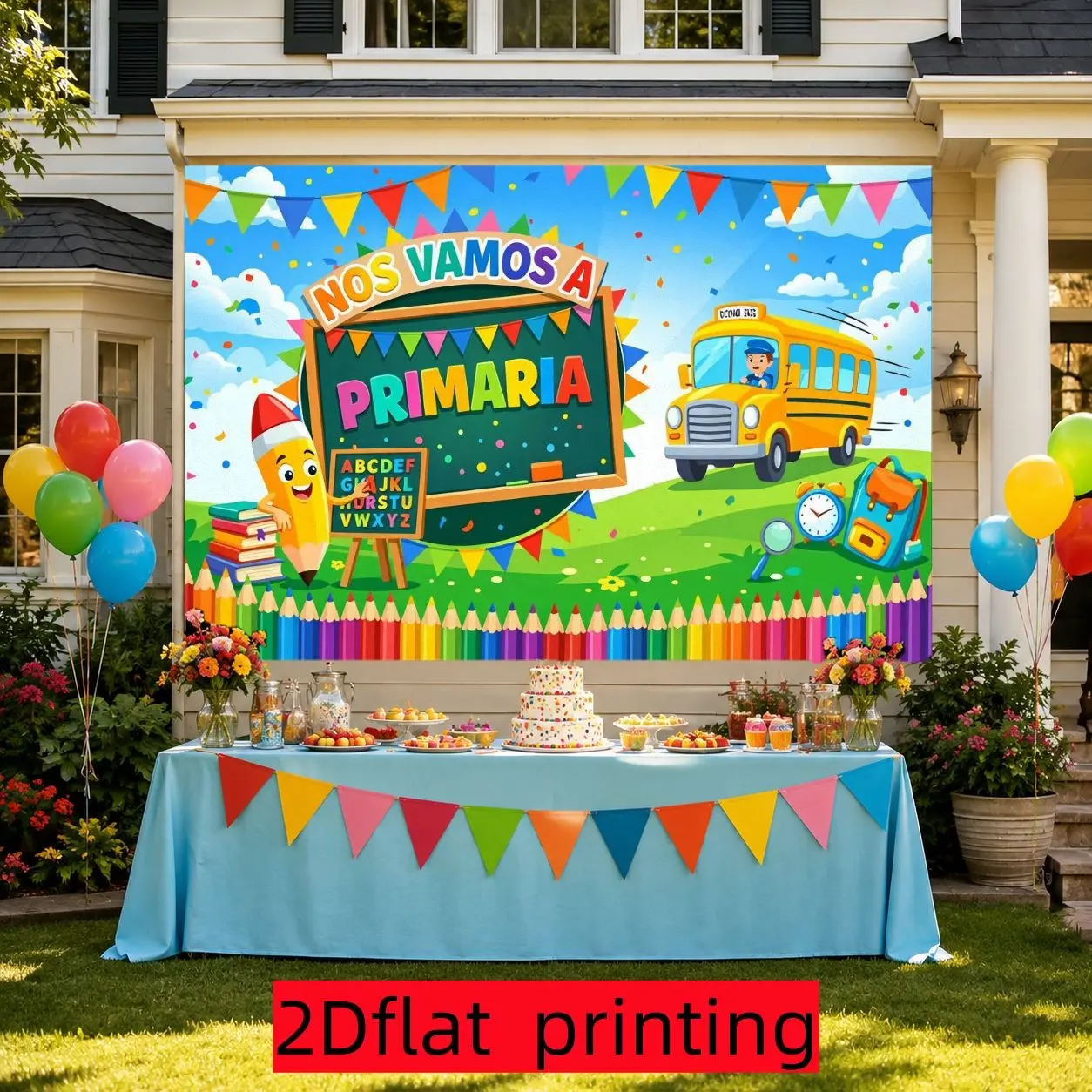 2D Flat 1PC Polyester Primary School Themed Backdrop Cartoon School Bus Crayon Decor for Indoor & Outdoor School Themed Party, Education Gathering, Photo Booth, Wall Decor, Home Decoration, Event Background, Available in Multiple Sizes