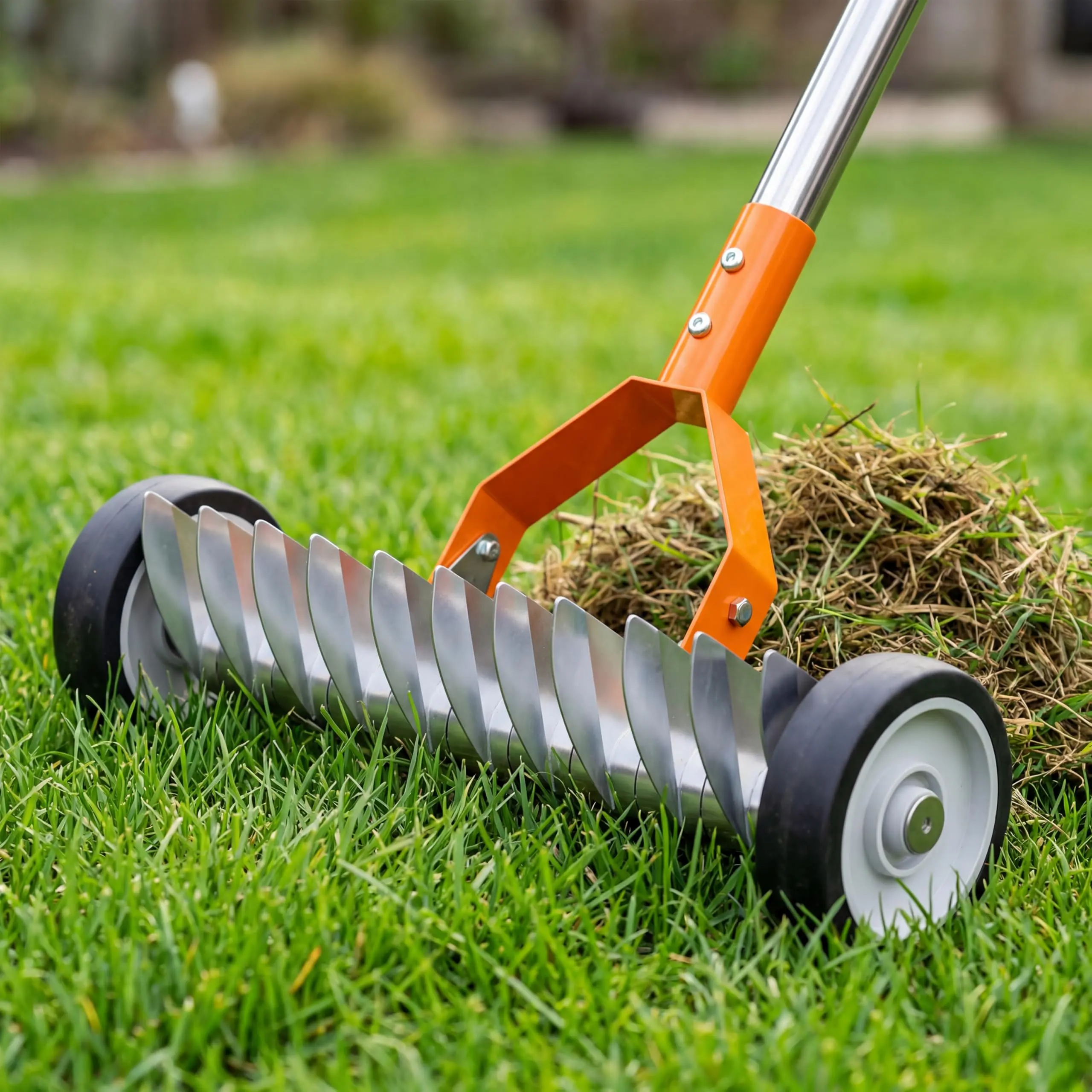 15-Inch Lawn Dethatcher Rake with Wheels, Heavy-Duty Rolling Thatch Rake for Removing Dead Grass, Moss & Yard Debris