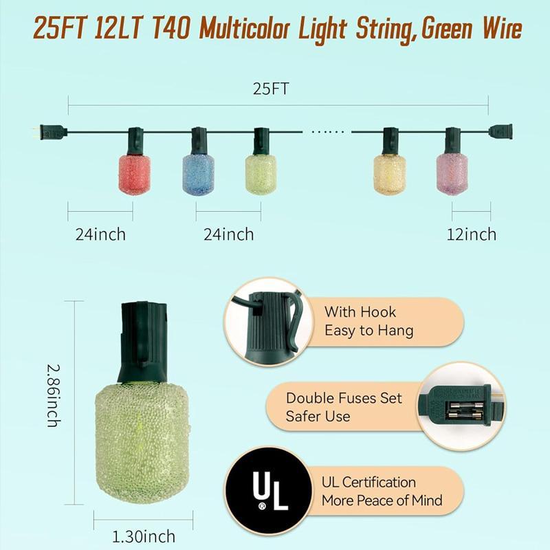 12 lights T40 LED multi-color sugar string light/white transparent string light - 25FT can be connected to outdoor waterproof party light, suitable for courtyard, backyard, festival, suitable for Easter, Valentine's Day, wedding anniversary and other fest