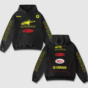 Retro Yamaha x Alpinestars Racing Acid Washed Hoodie MotoGP World Champion Enthusiast Apparel Streetwear Racing Team Motorcycle Clothing Motobike Riders Supermotor Off-Road Dirt Bike Fan Gear Cotton For Motor Fan